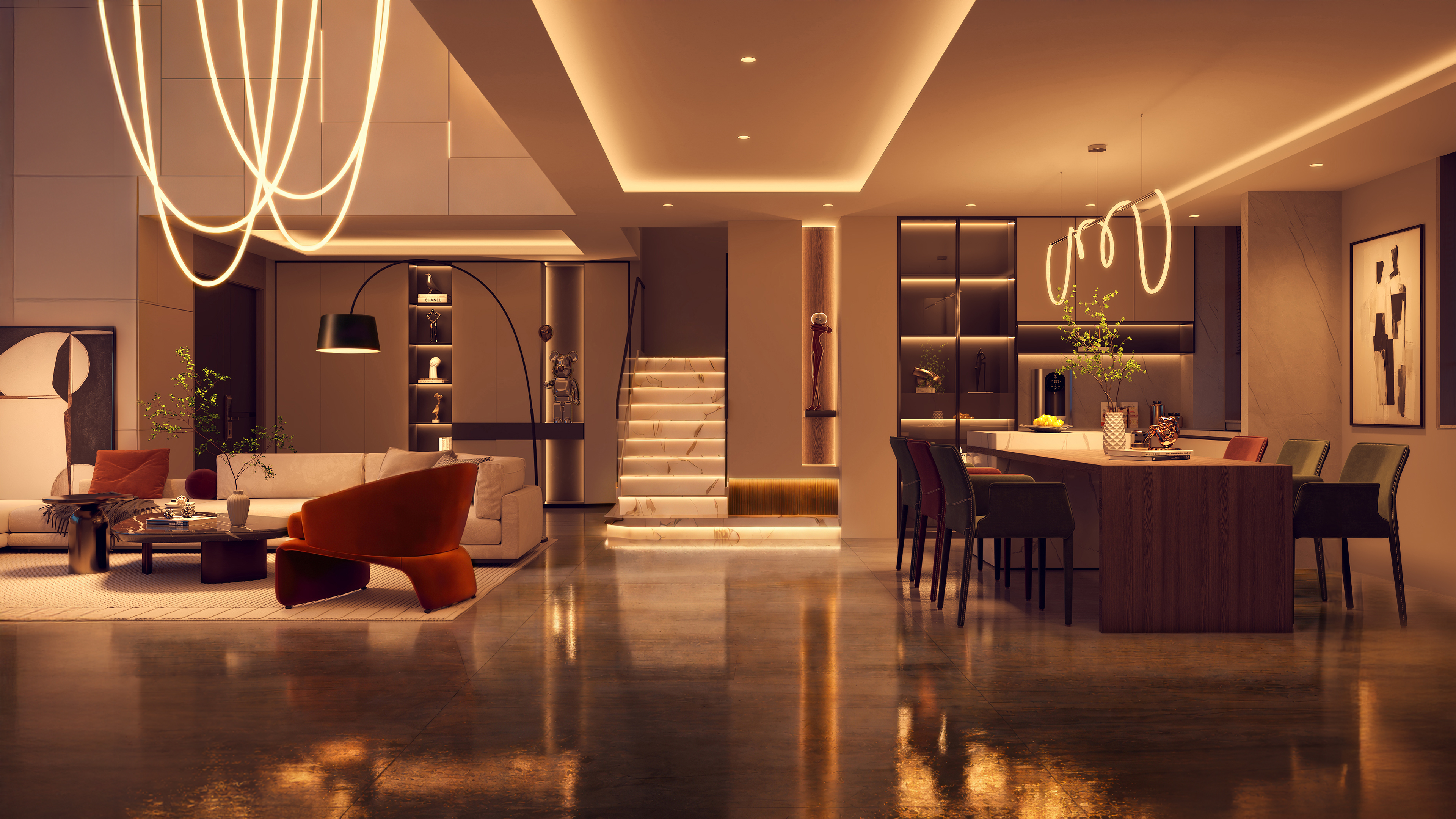 Trapeze Wave Chandelier Oval 24VDC, Static White & Warm Dim With Remote UNI Power Supply - Click to Enlarge