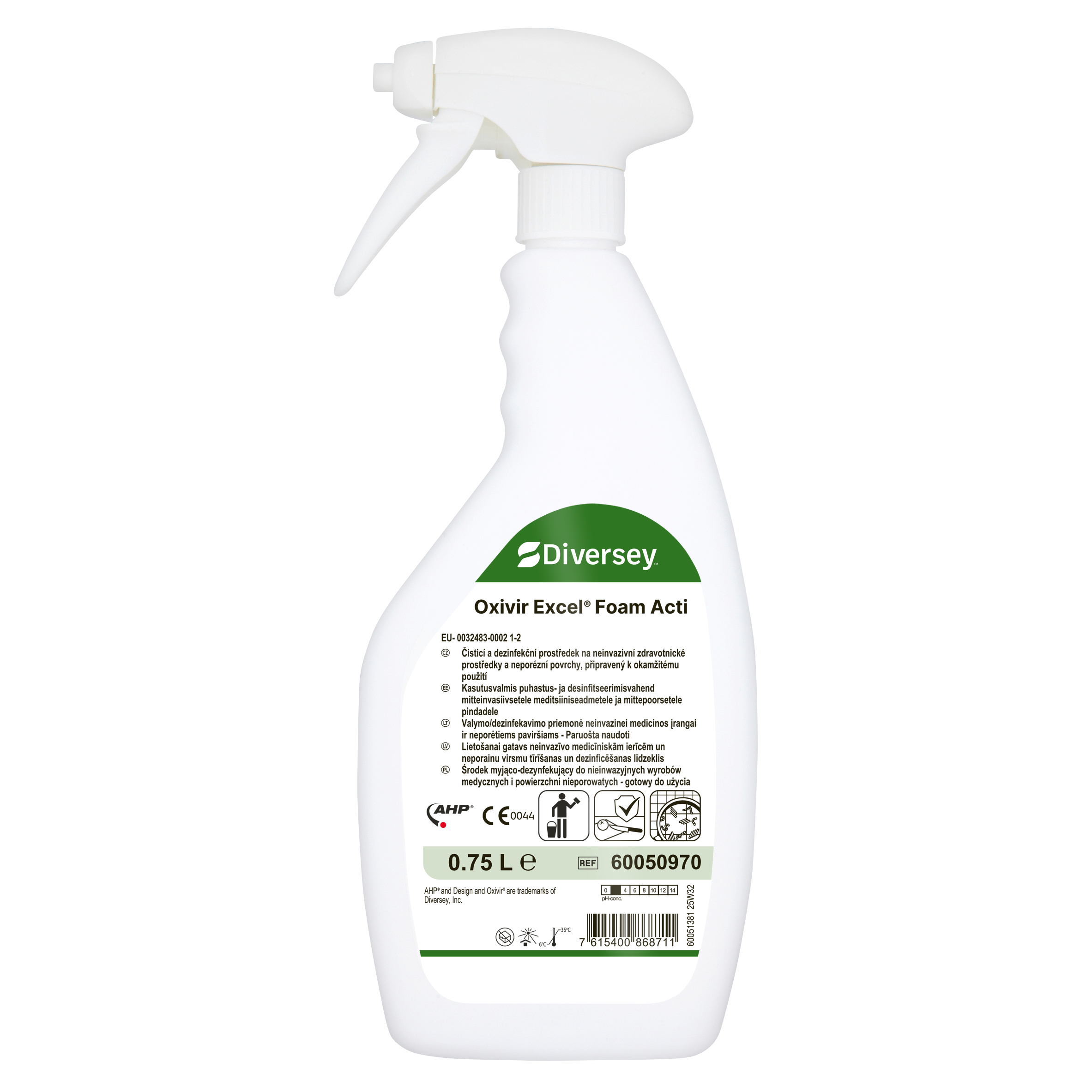 Oxivir Excel Foam Acti 6x0.75L - Čistící a dezinfekční prostředek připravený k použití pro neinvazivní zdravotnické prostředky a neporézní povrchy.
