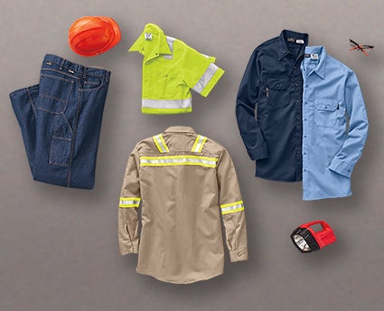 A variety of flame resistant workwear including shirts, pants and jeans