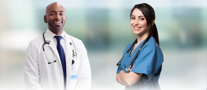 Healthcare workers wearing lab coat and medical scrubs