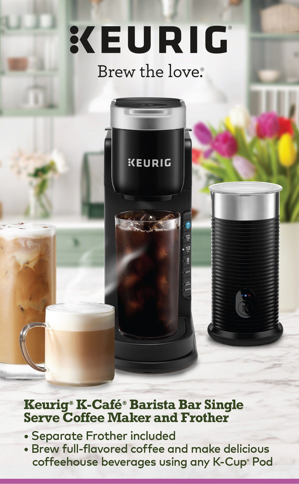 Keurig K-Cafe Barista Bar SIngle Serve Coffee Maker and Frother. Separate Frother included. Brew full-flavored coffee and make delicious coffee house beverages using any K-Cup Pod.