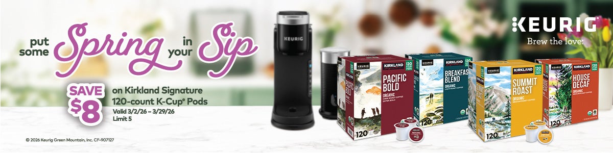 SAVE $8 on Kirkland Signature 120-count K-Cup pods. Put Some Spring in Your Sip.