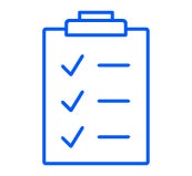 a blue line drawing of a clipboard with check marks