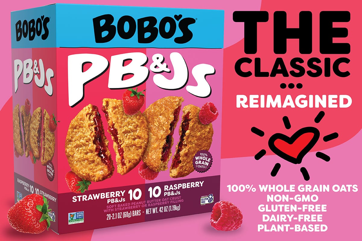 Bobo's Strawberry and Raspberry PB&J bites. The classic reimagined. 100% whole grain oats, non-GMO, gluten-free, dairy-free, plant-based.