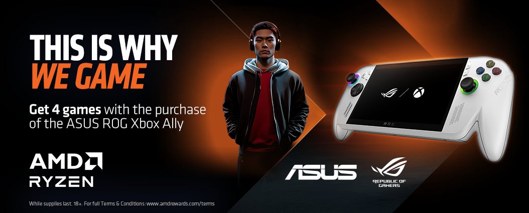 This is why we game. Get 4 games with the purchase of the ASUS ROG Xbox Ally. AMD Ryzen. ASUS. Republic of Gamers. While supplies last. 18+. For full terms and conditions:www.amdrewards.com/terms.