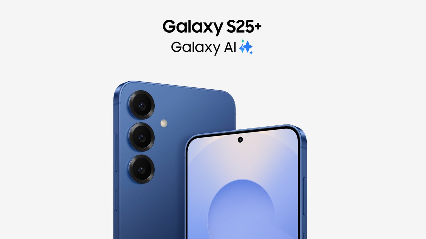 Two, blue Galaxy S25+ phones with Galaxy AI. First phone shows the side with three camera lenses. Second phone shows the screen side.