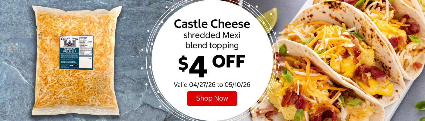 Castle Cheese shredded Mexi blend topping $4 Off. Valid 04/27/26 to 05/10/26. Shop Now 