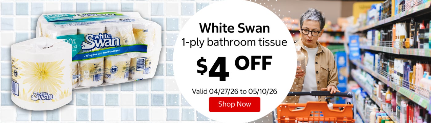 White Swan 1-ply bathroom tissue $4 Off. Valid 04/27/26 to 05/10/26. Shop Now 