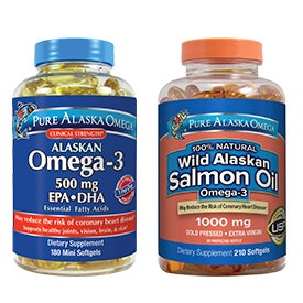 Pure Alaska Omega-3 500 mg, EPA+DHA Mini Softgels or Wild Salmon Oil 1,000 mg, Softgels