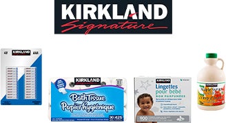 Kirkland Signature. Piles, papier hygiénique, lingettes pour bébé et sirop d’érable.