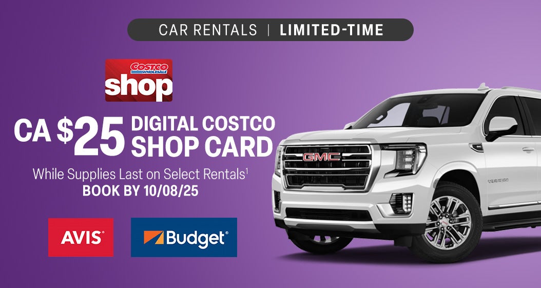 Car Rentals. Limited-Time. CA 25 Dollar Digital Costco Shop Card. While supplies last on select rentals. Book By 10/08/25.