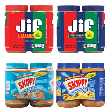 Jif OR Skippy Peanut Butter Creamy AND/OR Extra Crunchy