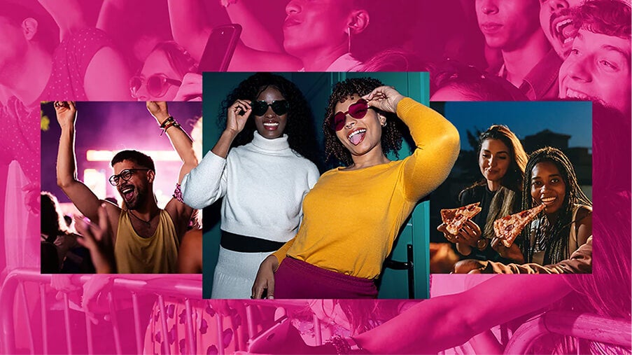 Three photos of friends dancing, taking selfies, and eating pizza.