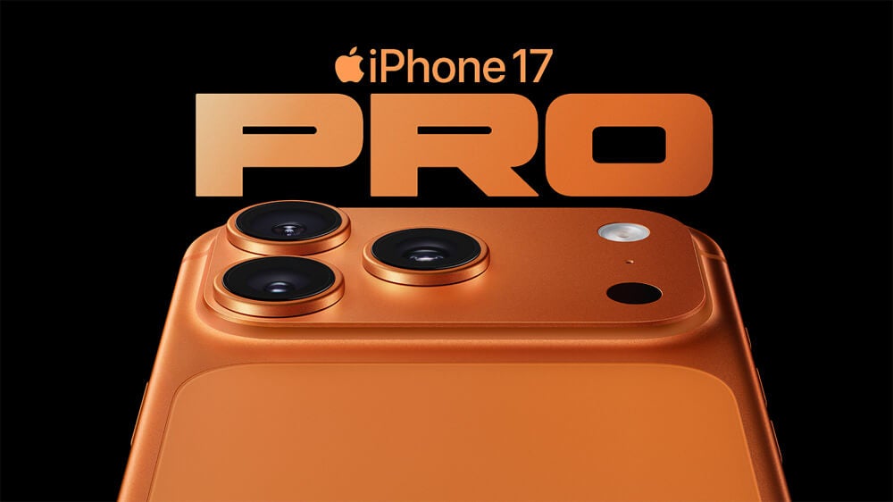 Cosmic orange iPhone 17 Pro showing three camera lenses.