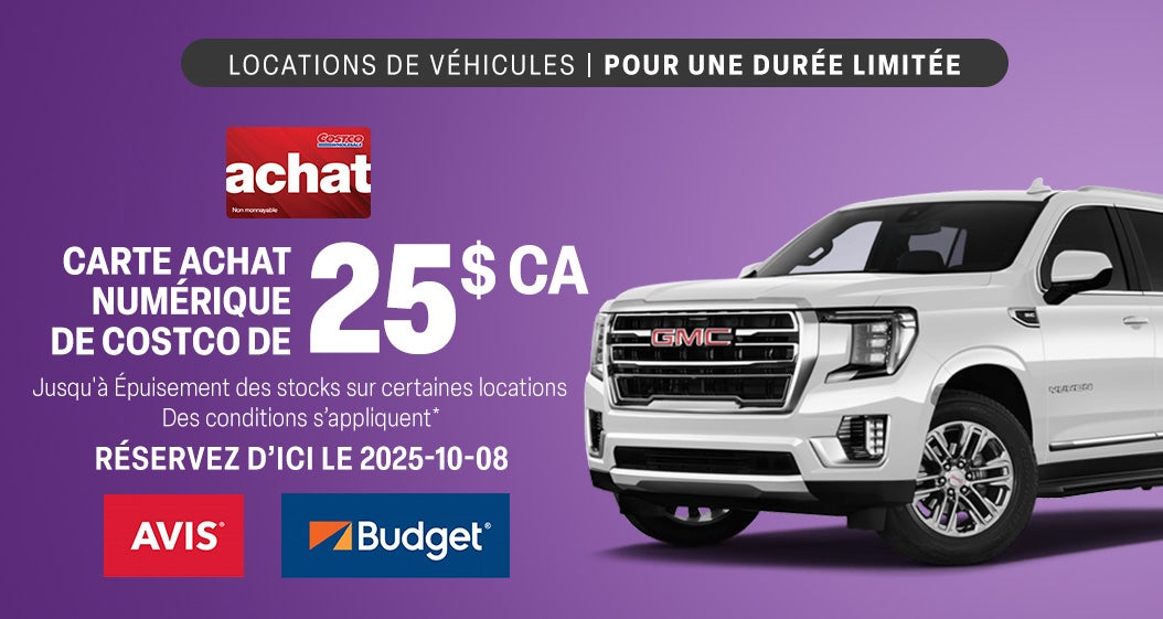 Locations de véhicules. Pour une durée limitée. Carte Achat numérique de Costco de 25 $ CA. Jusqu'à Épuisement des stocks sur certaines locations Des conditions s’appliquent* . Réservez d’ici le 2025-10-08.
