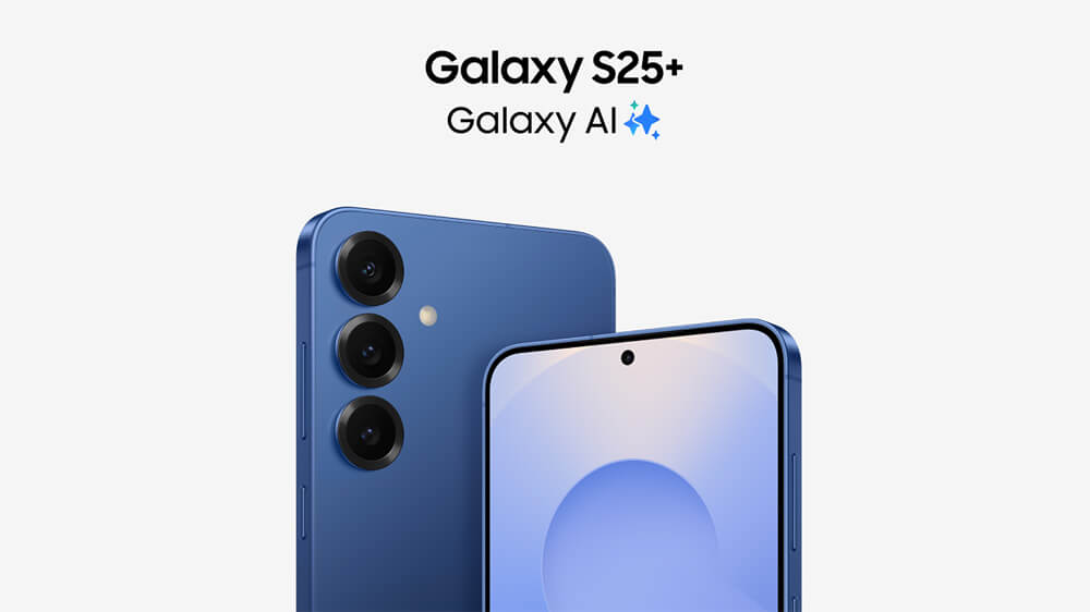 Two, blue Galaxy S25+ phones with Galaxy AI. First phone shows the side with three camera lenses. Second phone shows the screen side.