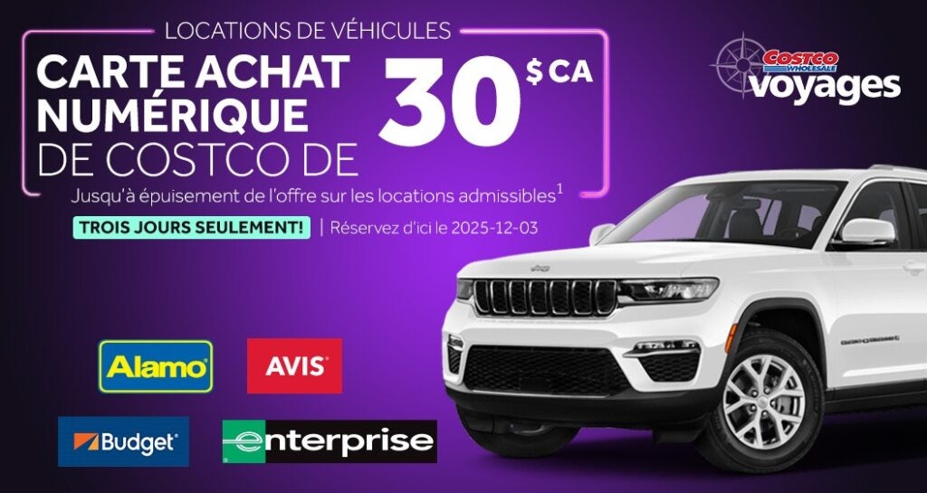 Locations de véhicules. Carte Achat numérique de Costco de 30 $ CA. Jusqu’à épuisement de l’offre sur les locations admissibles. Trois jours seulement! Réservez d’ici le 2025-12-03. Alamo avis budget enterprise. Costco wholesale voyages.