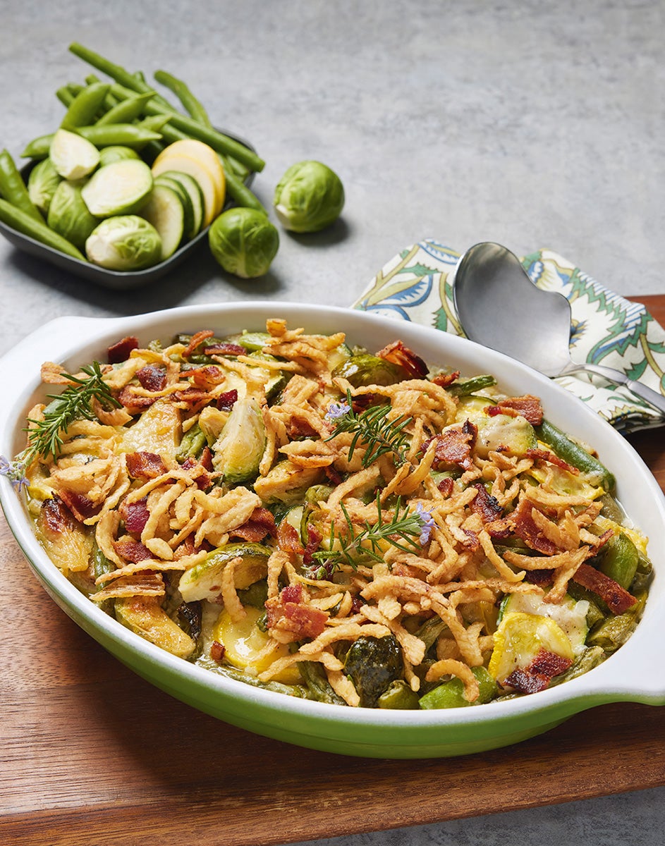 Vegetable Bake Topped with Crispy Onions and Bacon