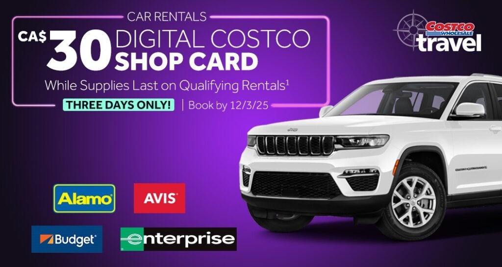 car rentals, $30 digital Costco shop card. While supplies last on qualifying rentals. Three days only. Book by 12/3/25. Alamo avis budget enterprise. Costco wholesale travel.