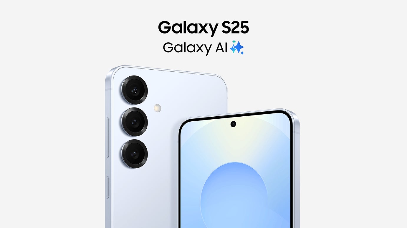 Two, blue Galaxy S25+ phones with Galaxy AI. First phone shows the side with three camera lenses. Second phone shows the screen side.