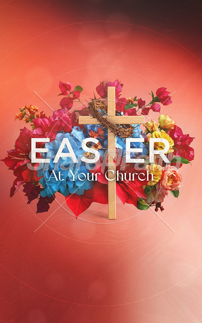 Easter At Your Church – Floral Wooden Cross: Bifold Bulletin Cover