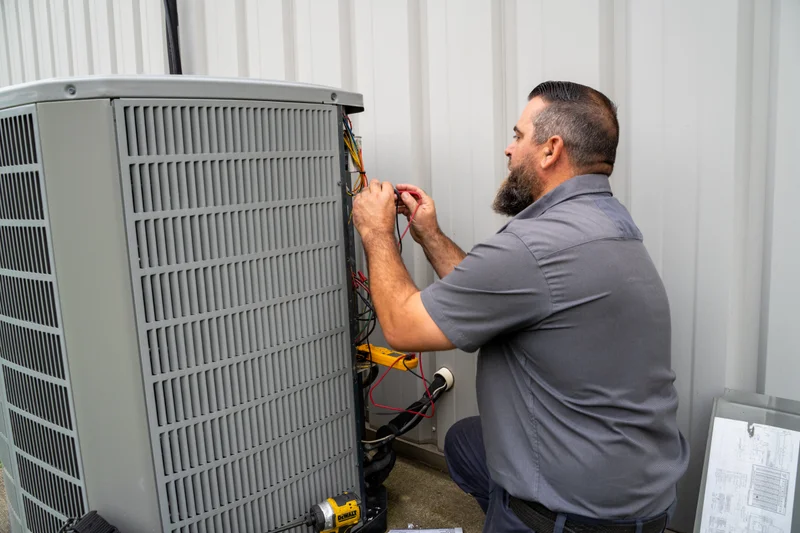 Bearded technician in a gray polo kneeling to work on outdoor air conditioning condenser unit.