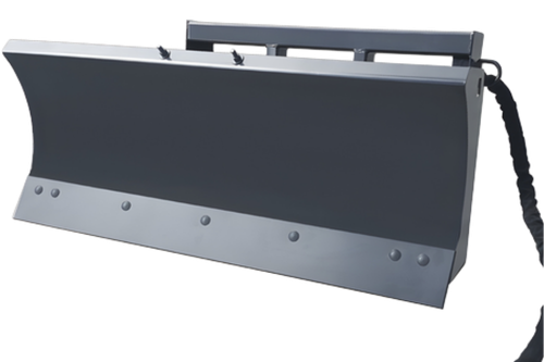 mini skid snow plow clearing driveway snow in winter conditions, mini skid snow plow hydraulic angle adjustment close up detail, mini skid snow plow pushing snow in tight spaces near sidewalk, mini skid snow plow with rubber cutting edge detail, mini skid snow plow mounted on compact loader clearing heavy snow