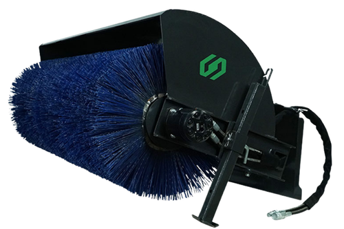 skid steer broom sweeping dirt on driveway, skid steer broom 48 inch width close up, skid steer broom clearing snow on sidewalk