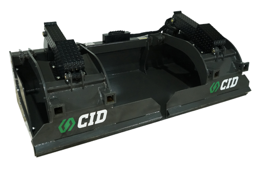 demolition grapple bucket clearing construction debris with skid steer, demolition grapple bucket with dual hydraulic cylinders close up, demolition grapple bucket lifting heavy material on jobsite