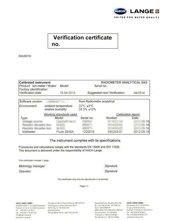 Calibration Certificate for Reference Electrode (Radiometer Analytical)