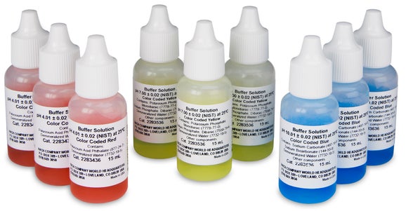 pH 4.01, 7.00 & 10.01 Buffer Set for miniLab Meters. Includes three 15 mL dropper bottles of each