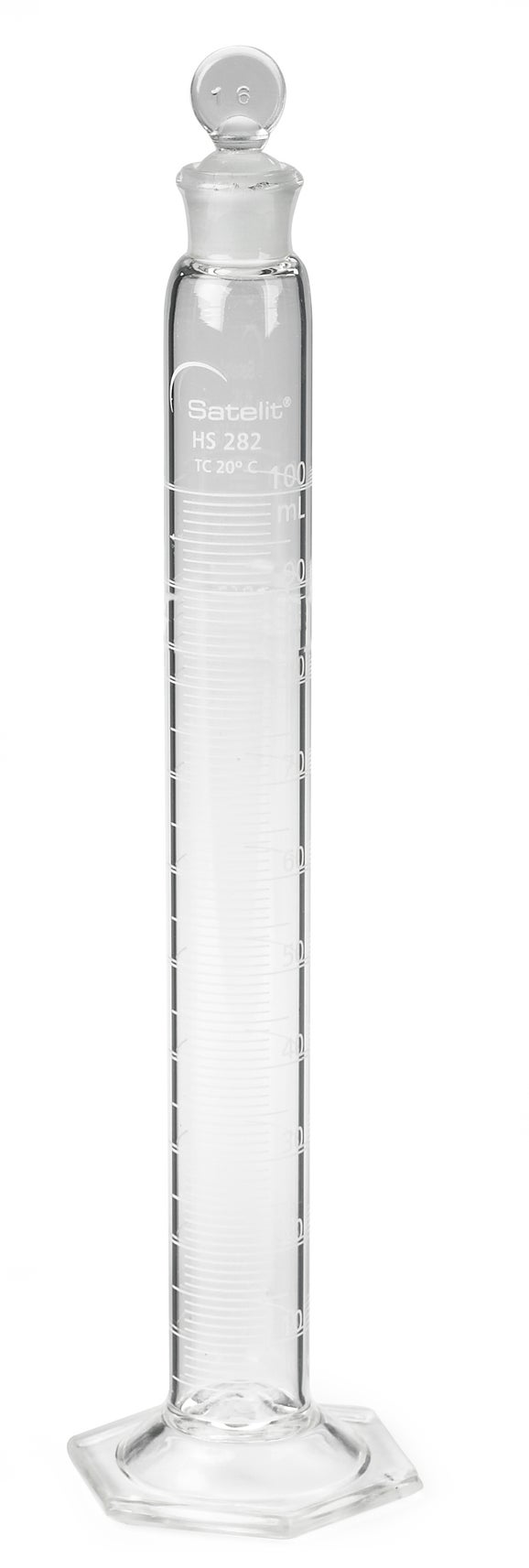 Cylinder, graduated, mixing, Glass, 100 mL +-0.6 mL, 1.0 mL divisions, glass stopper #16