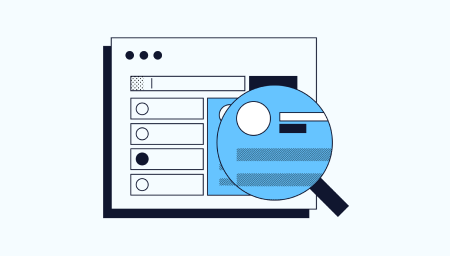 illustration of a web interface being inspected closely by a large, light-blue magnifying glass icon