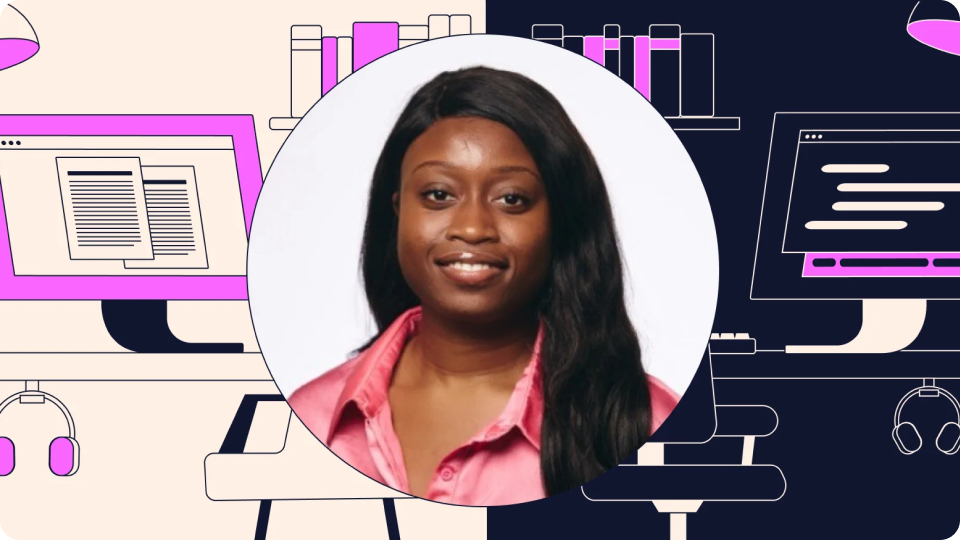 Photo of learner Elizabeth Adejumo at the center with an illustration of monitor and work desk at the background