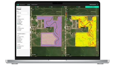 Panorama showcasing a split map comparison of crop hybrid and yield. 