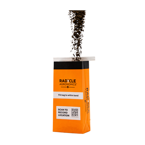 Collect soil samples using a GeoBag, with QR code that can be scanned with the Radicle App for Geo referencing.