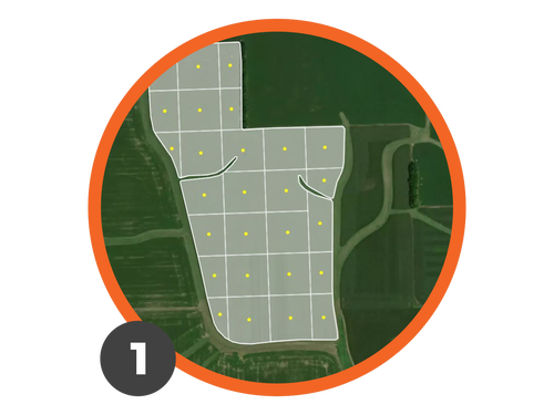 Field boundary outlines in light gray in the Radicle App in an orange circle labeled number 1.