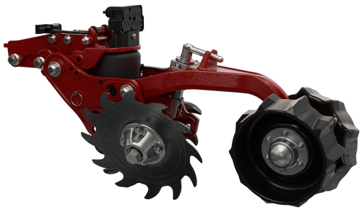 Precision Planting's FurrowForce two-stage closing system planter upgrade with red metal finish.