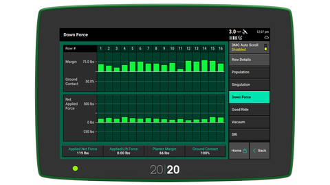 Watch your downforce metrics on the 20|20 in the cab with Precision Planting. 