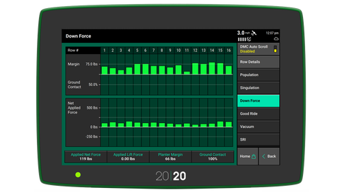 Watch your downforce metrics on the 20|20 in the cab with Precision Planting. 