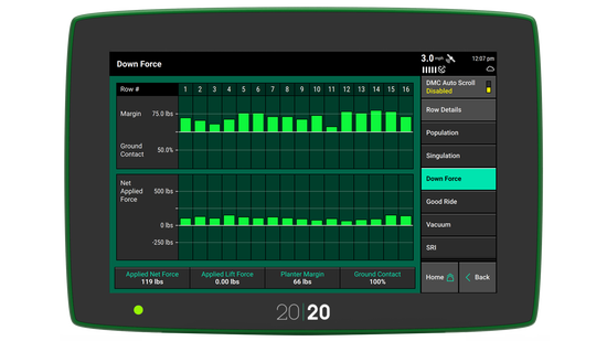 Watch your downforce metrics on the 20|20 in the cab with Precision Planting. 