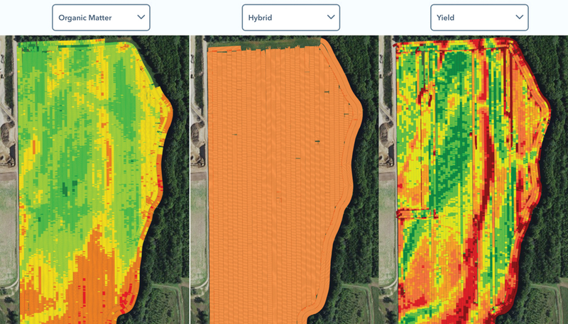 Different overlays of a field showing organic matter, hybrid, and yield.