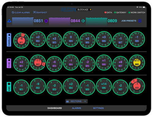 ReconBlockage uses acoustic sensors to detect blockages instantly, displaying metrics on an iPad app.