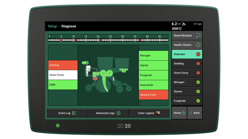 20|20 Gen 3 monitor showing a row unit diagnosis screen with green and red showing success & error states.