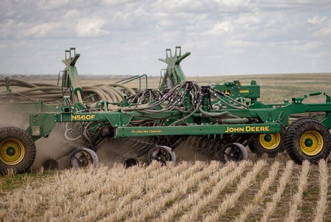 John Deere N560F Air Seeder with Precision Planting Clarity blockage and flow monitoring system installed.