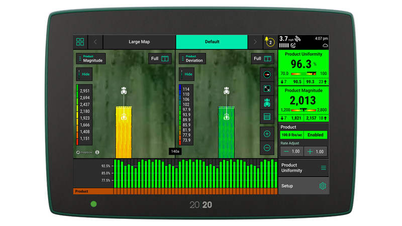 20|20 Precision Planting monitor showing air seeder product magnitude, uniformity, and deviation.