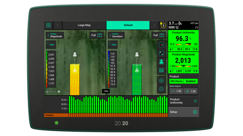 Precision Planting's 20|20 monitor showing product uniformity and magnitude mapped with the Clarity blockage and flow monitoring system.