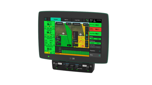 Precision Planting's 20|20 monitor with metrics for planting singulation, downforce margin, total seed population, and SmartFirmer moisture-sensing and organic matter.