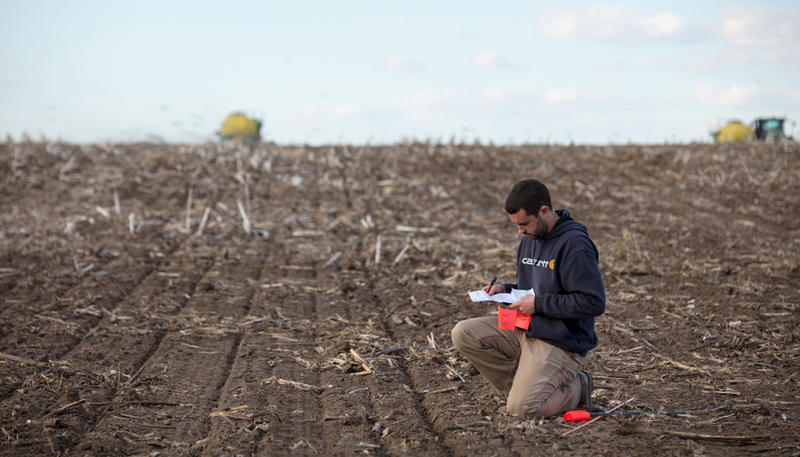 Farmer in an recently harvested field taking notes.