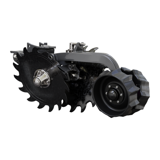 Precision Planting's FurrowForce two-stage closing system planter upgrade with grey metal finish.